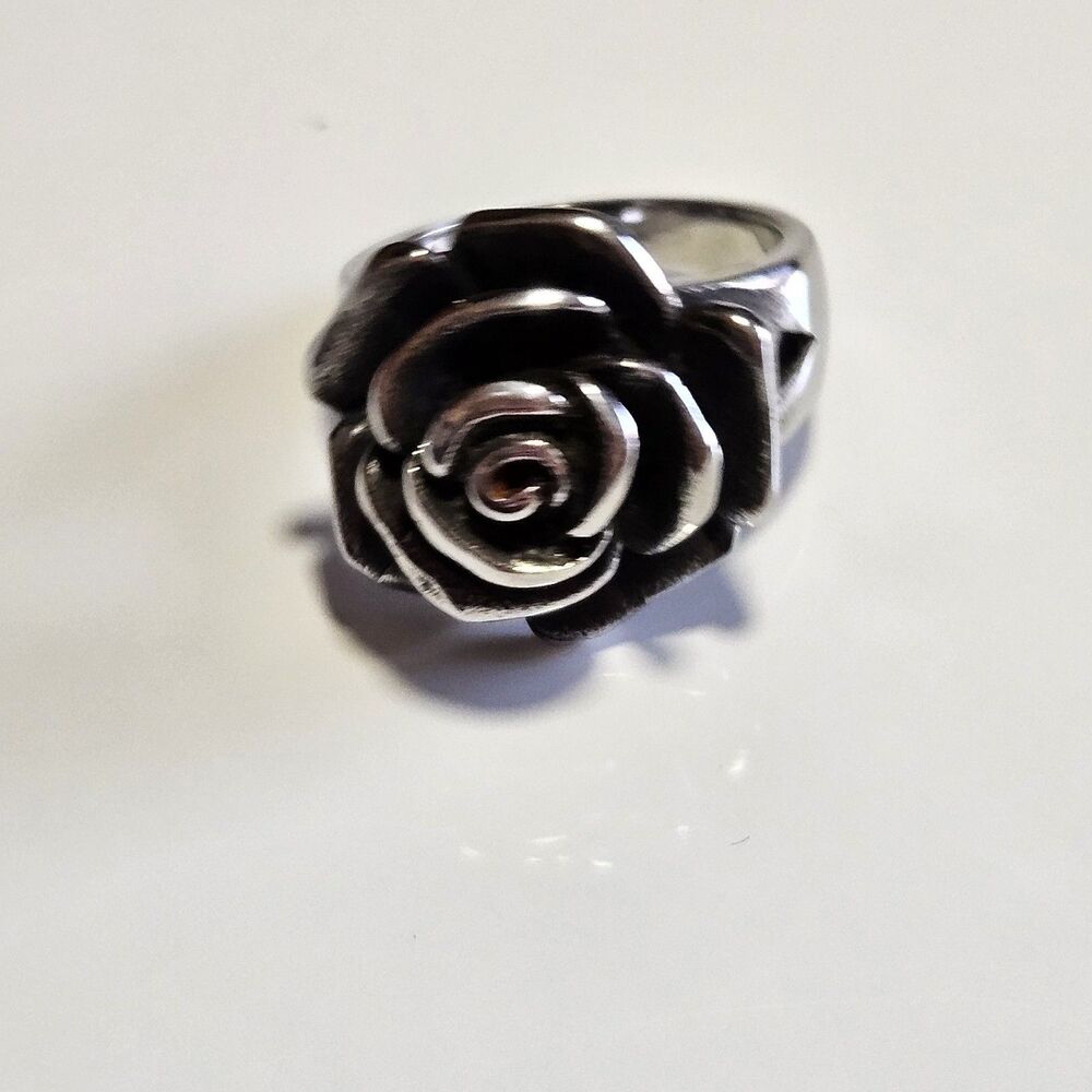 Spikes Stainless Steel Floral Rose Ring Size 8 Silver Tone Three Dimensional